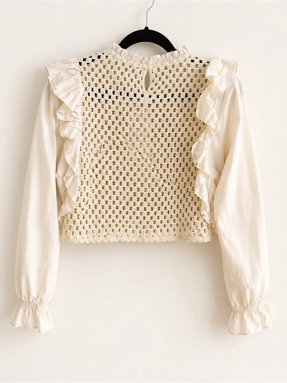 Zara Cream Crochet Ruffle Long Sleeve Blouse NWT Size S